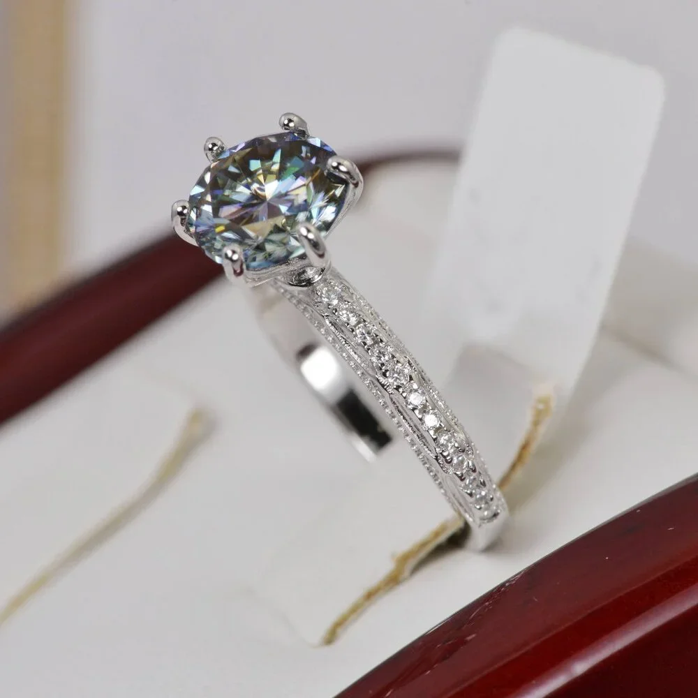 Moissanite 2.0 ct Rainbow Blue Engagement Ring 925